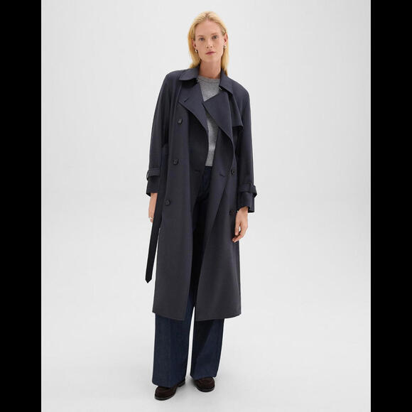 NEW Theory Relaxed Trench Coat in Stretch Flannel in dark navy Sz L #C4310 - Picture 3 of 12